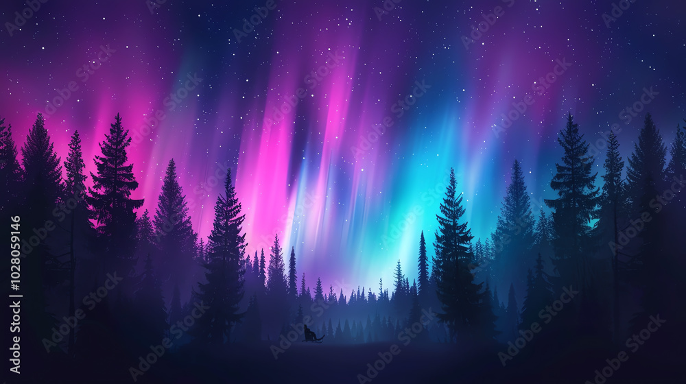 A stunning display of the northern lights illuminating the night sky, with vibrant hues of purple and turquoise above a dark forest silhouette. A serene and magical atmosphere. A stunning display of the northern lights illuminating the night sky, with vibrant hues of purple and turquoise above a dark forest silhouette. A serene and magical atmosphere.