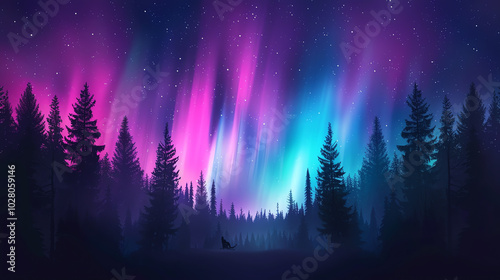 A stunning display of the northern lights illuminating the night sky, with vibrant hues of purple and turquoise above a dark forest silhouette. A serene and magical atmosphere.