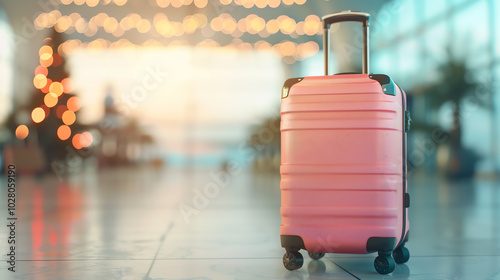 A stylish pink suitcase positioned in a bright, modern airport, capturing the spirit of adventure and travel. Ideal for wanderlust enthusiasts and travel-related content.