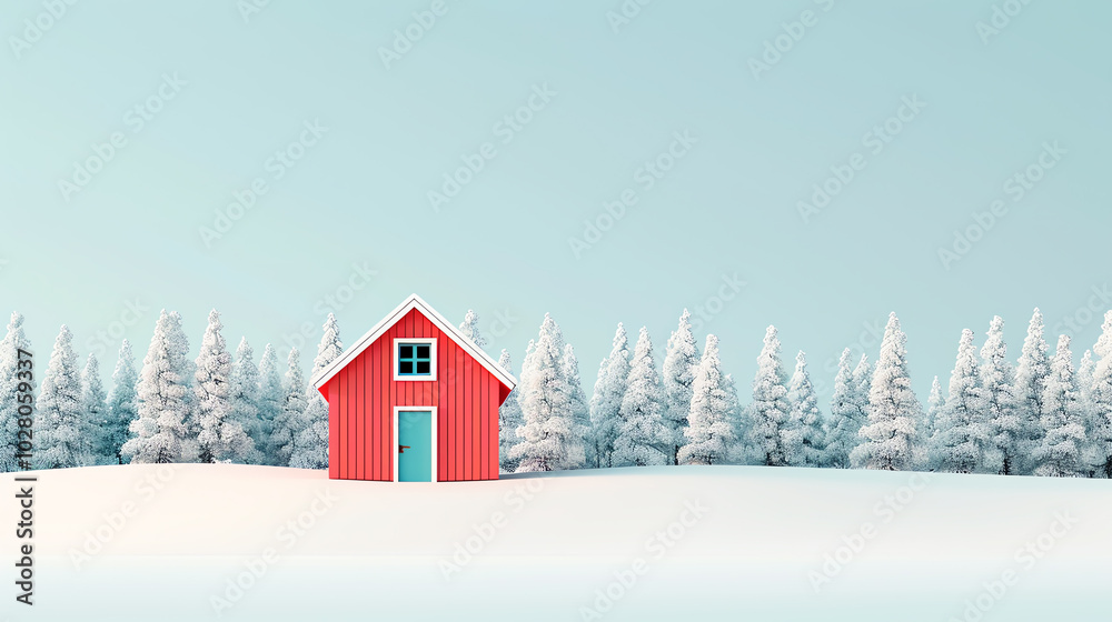 A vibrant red house stands out against a serene snowy landscape, surrounded by tall evergreen trees under a clear blue sky. A picturesque winter scene that evokes tranquility. A vibrant red house stands out against a serene snowy landscape, surrounded by tall evergreen trees under a clear blue sky. A picturesque winter scene that evokes tranquility.