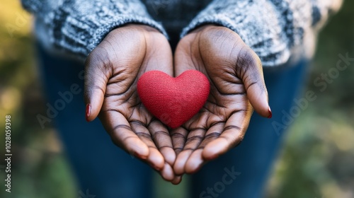 Close-up of a black woman's hands gently holding a small red heart, symbolizing solidarity, charity. This image captures the essence of compassion, connection within the African community