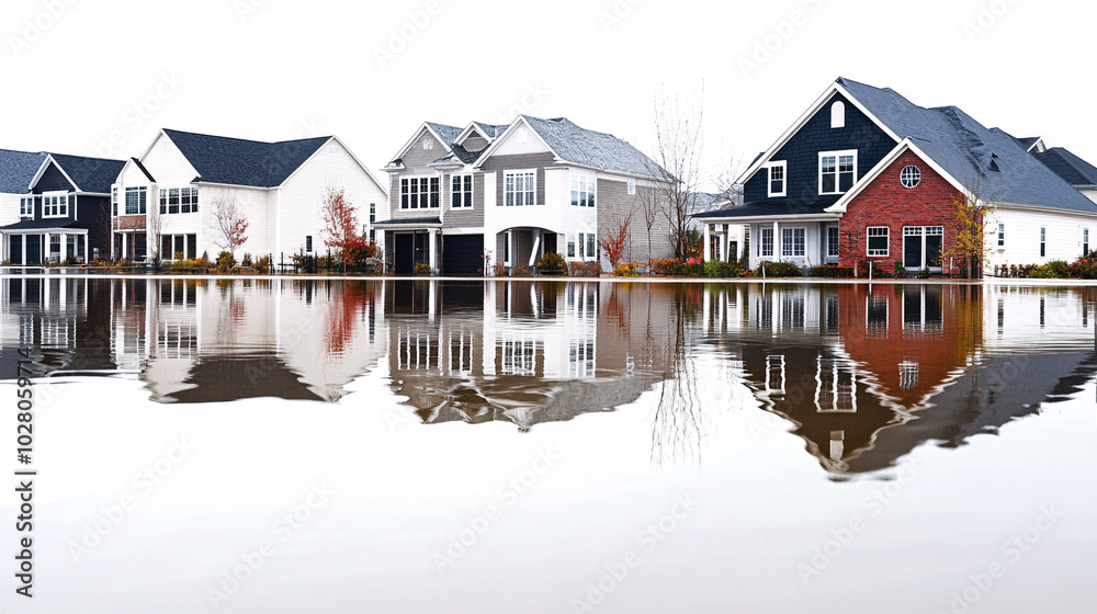 Fototapeta premium flooded suburb houses with reflections in water after a storm