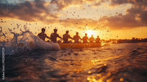 Rowers pulling in unison against a golden sky, water splashing dramatically