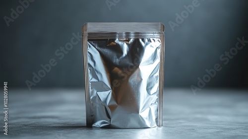 Shiny stand-up pouch, silver material with subtle reflections, front view on a neutral gray background, ideal for packaging template design photo