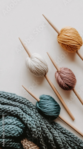 close up flat lay of colorful yarn balls with knitting needles on white background