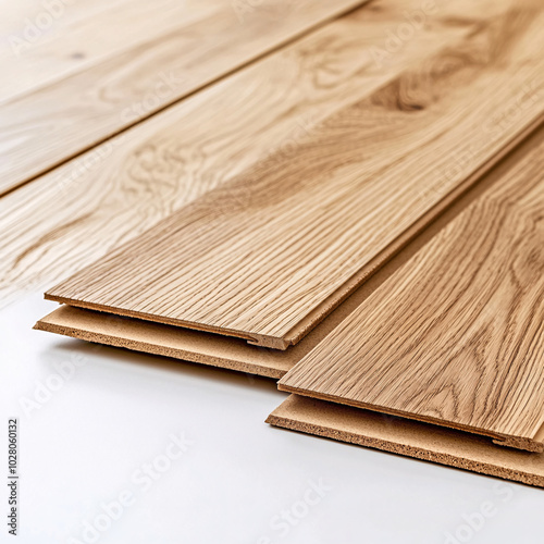 close up of light brown wood laminate flooring planks with cork underlayment on white background