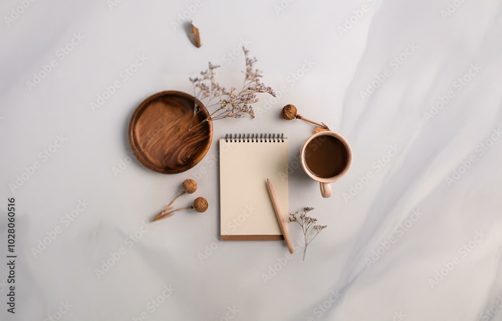 Fototapeta premium A white surface with a notebook, pencil, cup of coffee, wooden dish, and dried flowers.