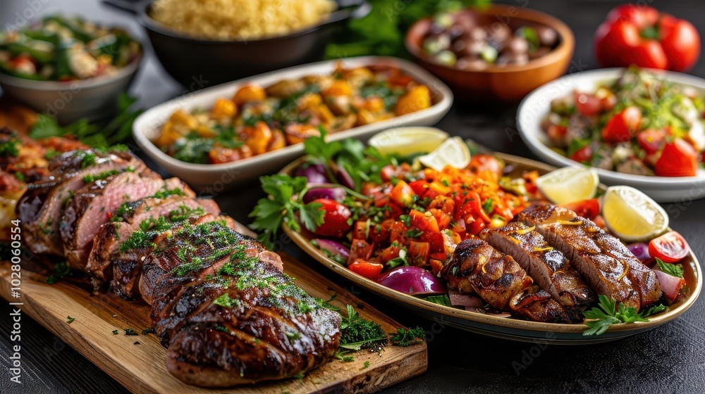 Food and Beverage, vibrant colors, delicious dishes, close-up, detailed Food and Beverage, vibrant colors, delicious dishes, close-up, detailed