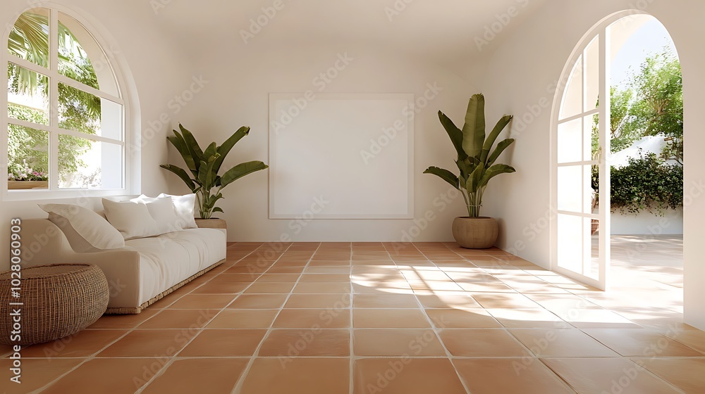 Fototapeta premium A Mediterranean-style living room with terracotta tiles, arched windows, and a blank white frame above a warm couch, providing space for artistic expression or family memories. 