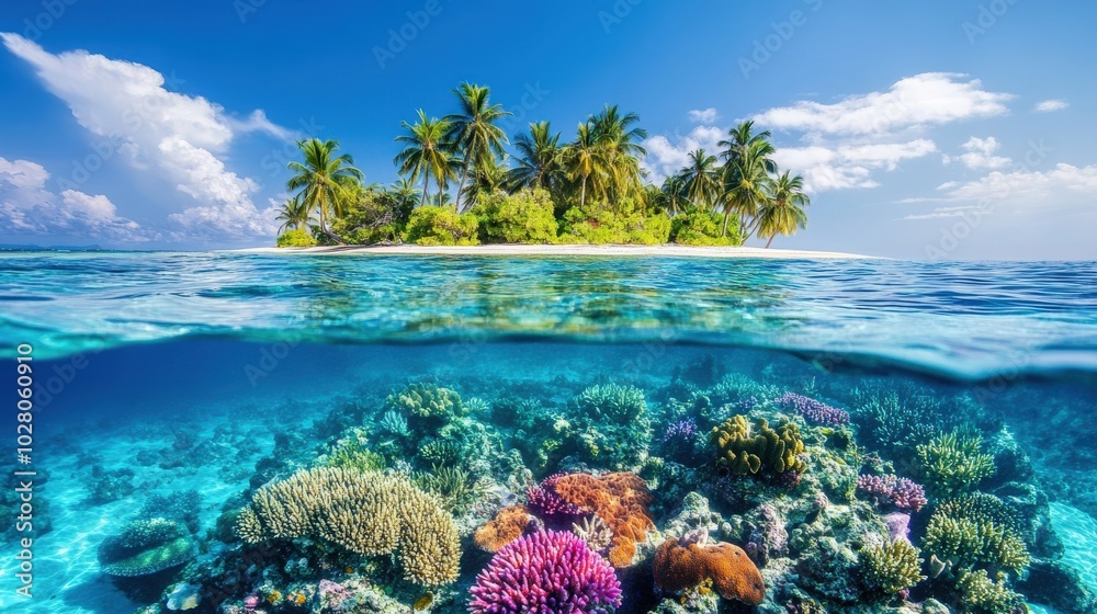 Naklejka premium Tropical island paradise with vibrant coral reef beneath crystal-clear waters.