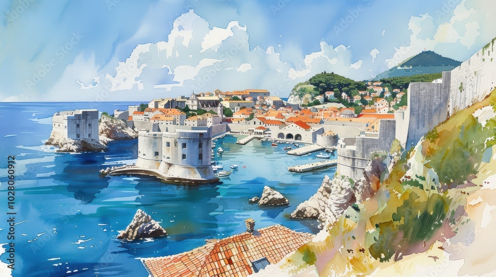 Naklejka premium Watercolor Illustration of Historic Dubrovnik Coastline