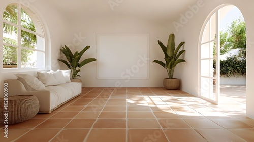 Wallpaper Mural A Mediterranean-style living room with terracotta tiles, arched windows, and a blank white frame above a warm couch, providing space for artistic expression or family memories.  Torontodigital.ca