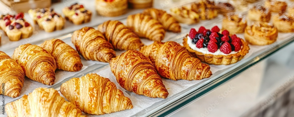 A tempting display of fresh pastries, featuring flaky croissants and delicious tartlets topped with berries. A tempting display of fresh pastries, featuring flaky croissants and delicious tartlets topped with berries.