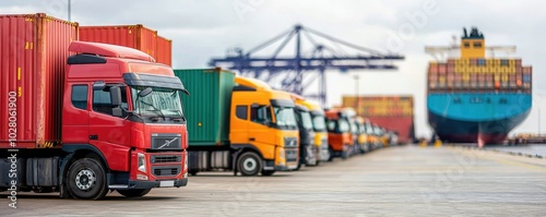 A lineup of colorful trucks at a busy shipping port, ready to transport goods, with a cargo ship in the background.