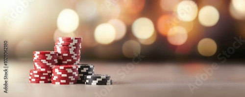 Colorful poker chips stacked elegantly on a table, set against a blurred background of warm, shimmering lights. photo