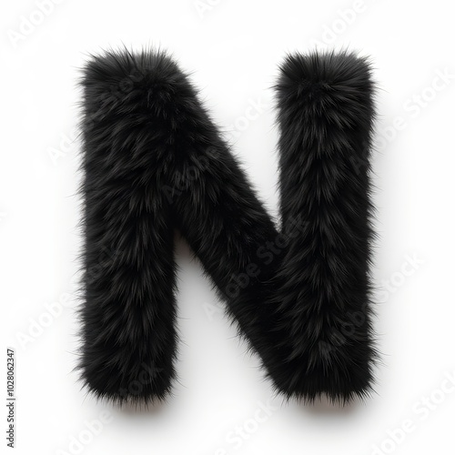 Generative, AI, Furry black letter ‘N’ on a white background, texture detail visible, artistic and bold typography.