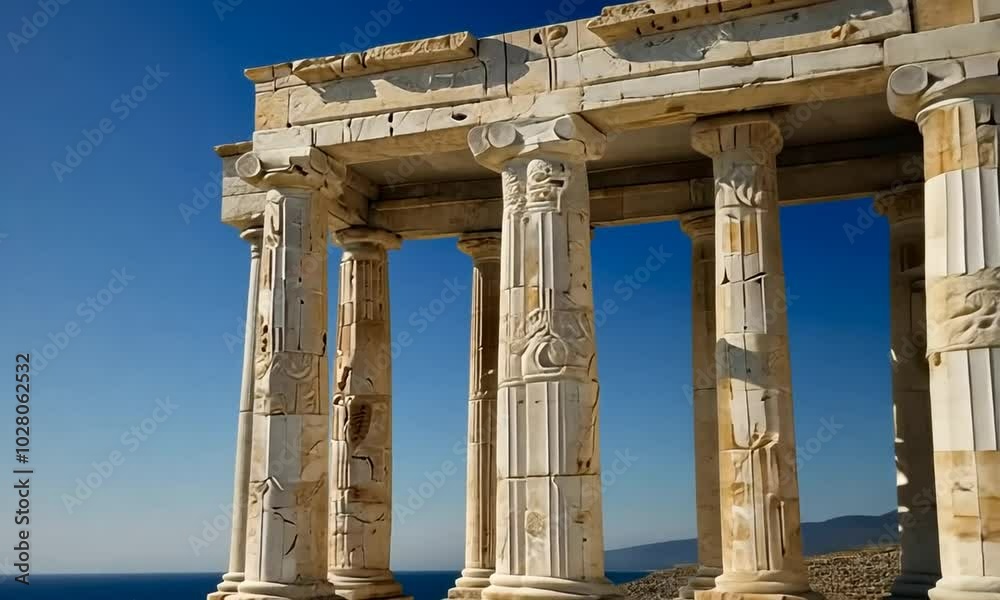 Classical Greek temple with tall marble columns and intricate friezes standing alone on a sunlit hilltop overlooking the sea Classical Greek temple with tall marble columns and intricate friezes standing alone on a sunlit hilltop overlooking the sea