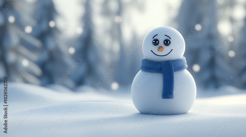 A cheerful snowman stands in a snowy landscape, adorned with a blue scarf, embodying the spirit of winter joy and festivities.