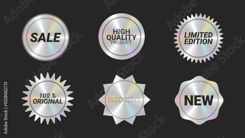 Holographic stickers logos emblem labels color set. Geometric shapes with different edges. For packaging product of promotional material. Sticker for clothes or accessories. Vector illustration.