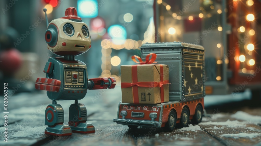 Fototapeta premium Robot Delivering Tiny Gift Box in Winter Scene