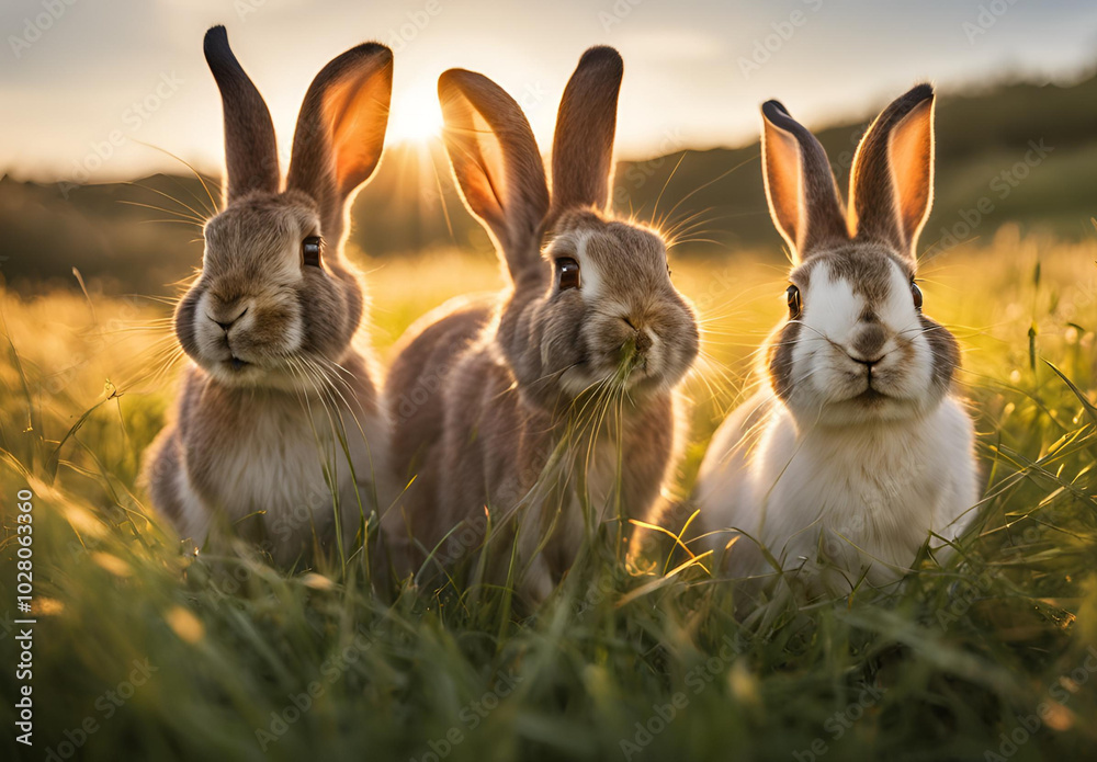 Fototapeta premium three rabbits in the field of the tree