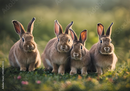 three rabbits in the field of the tree 