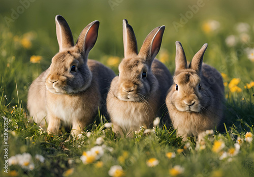 three rabbits in the field of the tree 