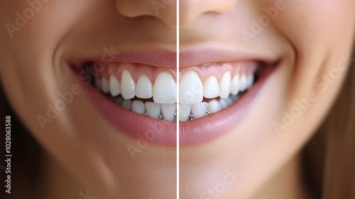 Split-screen image of a smile, one side showing crooked teeth before braces, the other perfectly aligned after 18 months, Realistic Style, Soft Lighting