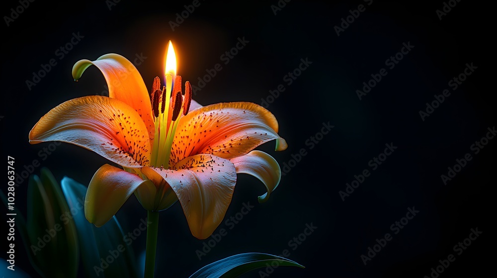 Bright lily flower next to a candle's flickering flame, dark moody background, space for text, solemn tribute