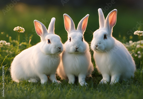 three rabbits in the field of the tree 