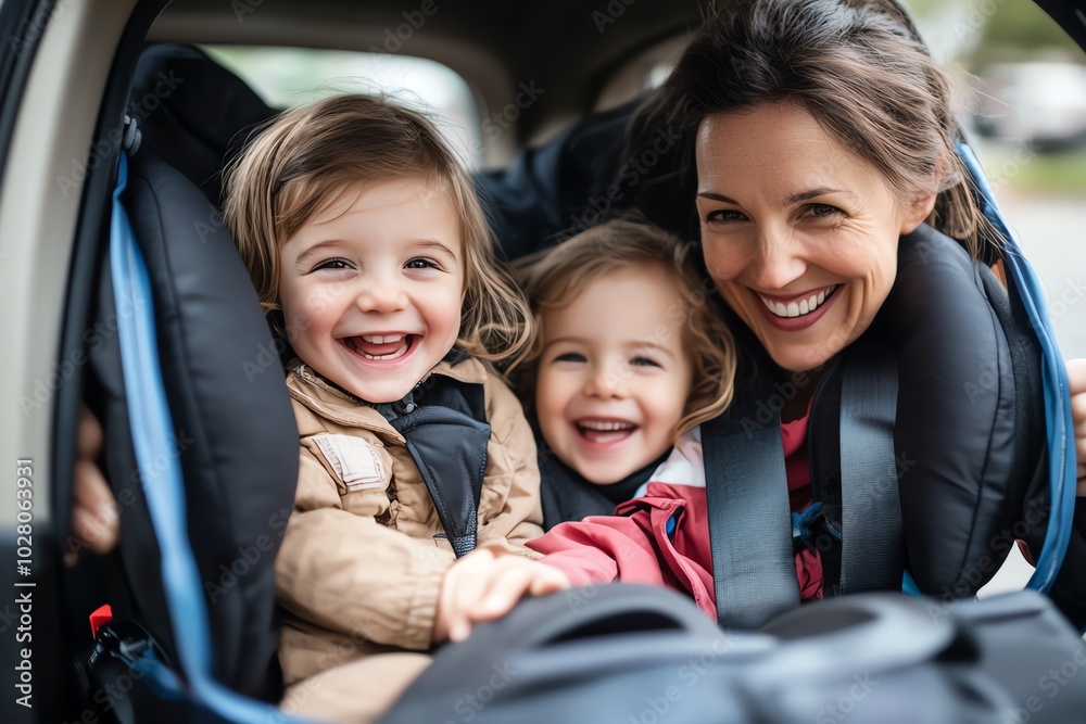 Happy family with two children in car seats smiling at the camera, showcasing joy and safety during a fun road trip. Happy family with two children in car seats smiling at the camera, showcasing joy and safety during a fun road trip.