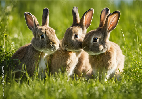 three rabbits in the field of the tree 