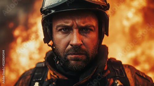 A fireman in full gear looks intensely at the camera in front of a wall of flames.