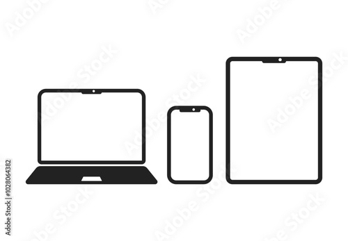 Isolated black outline gadget, laptop, notebook mobile phone and tablet icon for electronics media graphic design