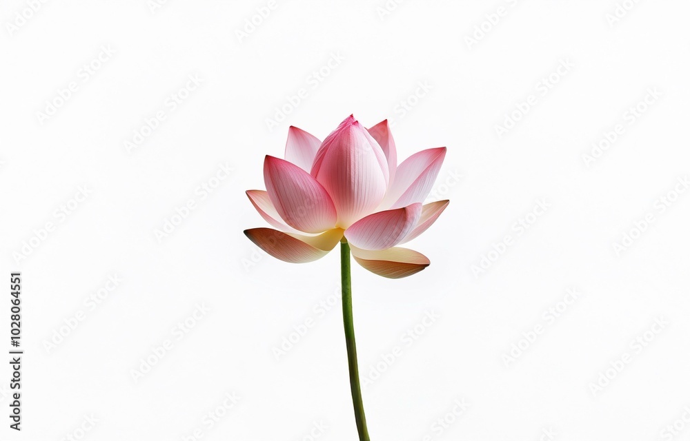 A single pink lotus flower with green stem, isolated on a white background. A single pink lotus flower with green stem, isolated on a white background.