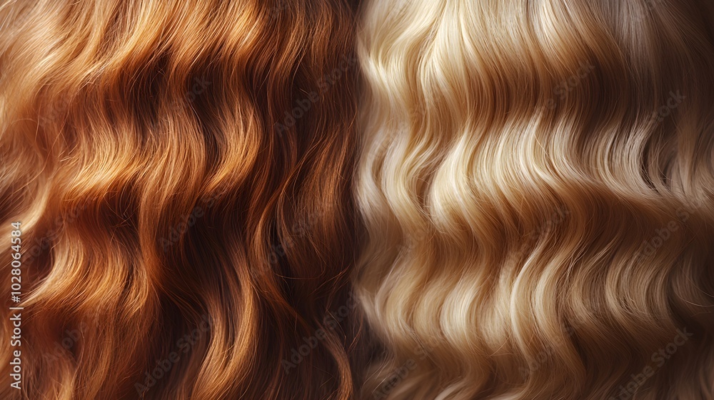 Close-up comparison of curly hair before and after honey treatment, highlighting the difference in texture and curl definition, Soft Lighting, Realistic Style Close-up comparison of curly hair before and after honey treatment, highlighting the difference in texture and curl definition, Soft Lighting, Realistic Style