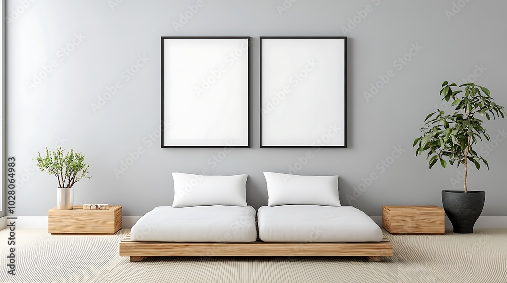 A Japanese-inspired living room with tatami mats, low furniture, and a blank white frame hanging above a simple futon, inviting serene artwork to enhance tranquility. A Japanese-inspired living room with tatami mats, low furniture, and a blank white frame hanging above a simple futon, inviting serene artwork to enhance tranquility.