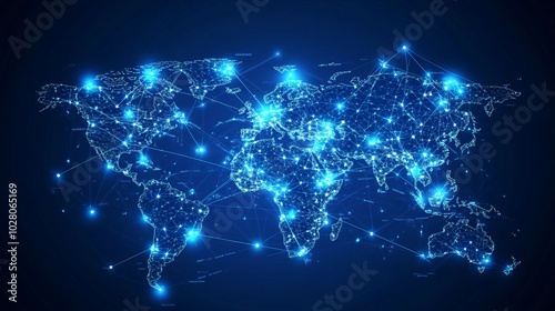 World Map with Glowing Lines and Points Representing Global Connectivity