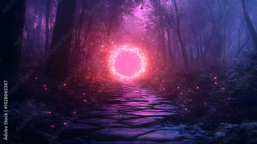 Obraz premium Bioluminescent mushrooms forming a glowing circle, opening a pathway to a fairy realm, ethereal lighting, digital art, neon hues, misty enchanted woods