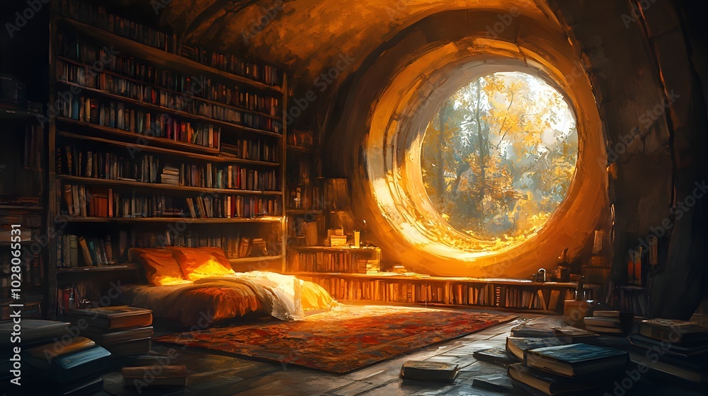 Circular bookshelves towering around a cozy reading nook, warm golden light, fantasy illustration, soft brush strokes, mystical atmosphere, vintage charm, high detail Circular bookshelves towering around a cozy reading nook, warm golden light, fantasy illustration, soft brush strokes, mystical atmosphere, vintage charm, high detail
