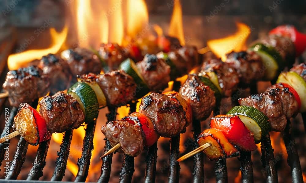 Delicious vegetable and meat skewers on the flaming grill