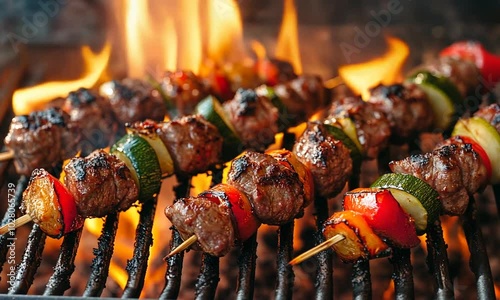 Delicious vegetable and meat skewers on the flaming grill