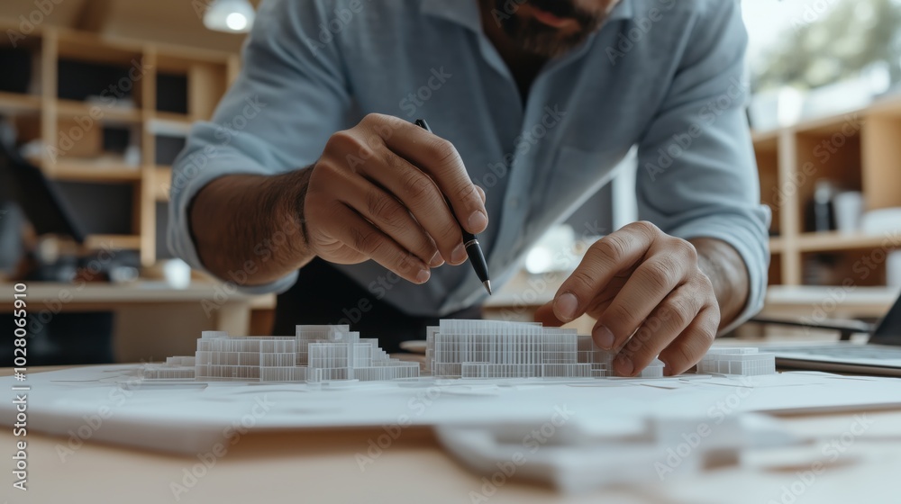 Architect examining detailed scale model for real estate development project Architect examining detailed scale model for real estate development project