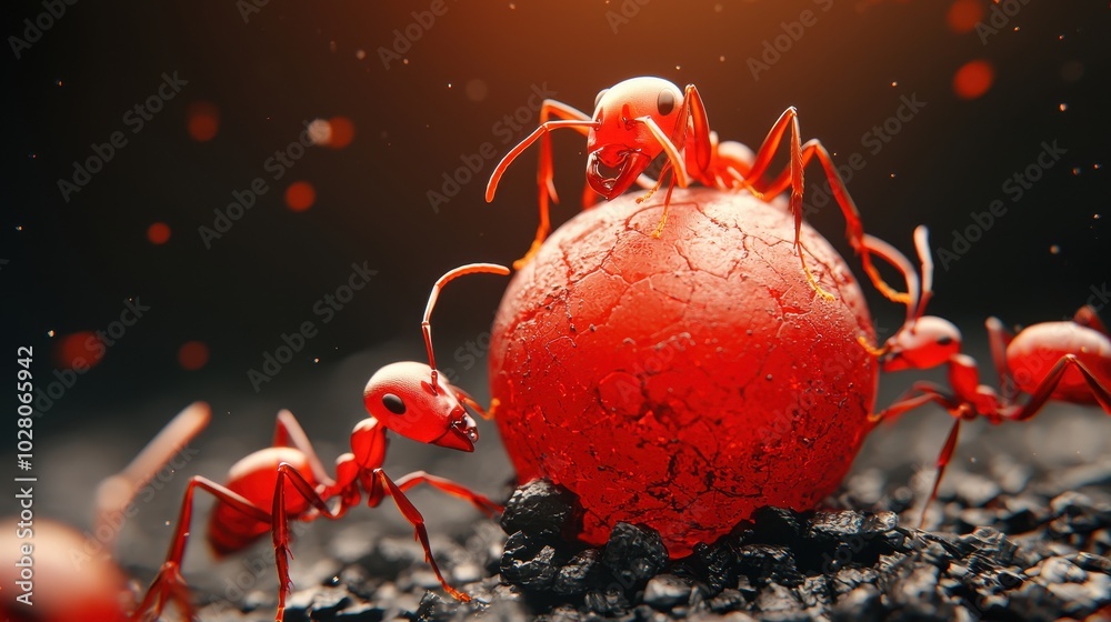 Red ants collaborating around a large ball, showcasing teamwork and nature's intricate ecosystem.