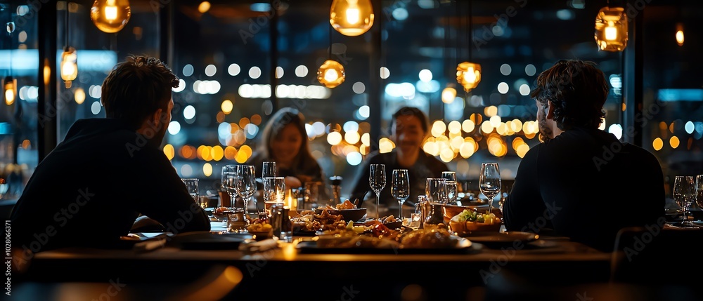 Modern shabu-shabu restaurant, group of friends enjoying a meal, diverse selection of ingredients, neon city lights through large windows Modern shabu-shabu restaurant, group of friends enjoying a meal, diverse selection of ingredients, neon city lights through large windows
