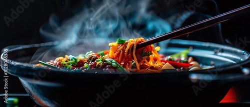 Neon holographic shabu-shabu, virtual ingredients being added by futuristic chopsticks, glowing broth photo