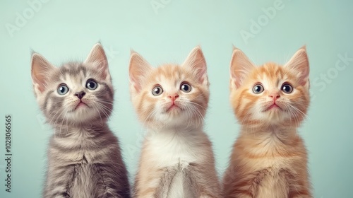 Three adorable kittens looking curiously, featuring gray and orange fur, with a soft pastel background.