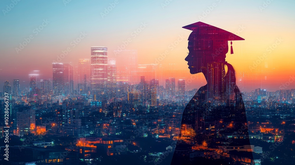 Creative double exposure of a graduate's profile against a city skyline at dusk, highlighting future aspirations in a vibrant urban setting, marketing banner Creative double exposure of a graduate's profile against a city skyline at dusk, highlighting future aspirations in a vibrant urban setting, marketing banner