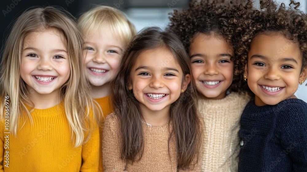 Diverse group of happy children smiling in autumn sweaters for school marketing and community projects Diverse group of happy children smiling in autumn sweaters for school marketing and community projects