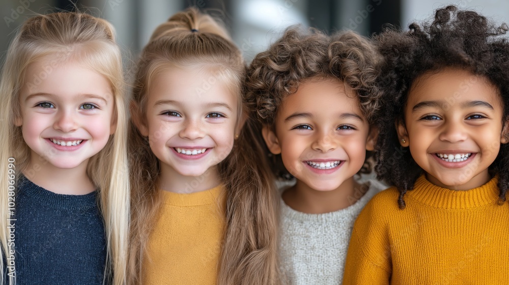 Diverse group of smiling multiracial children in vibrant sweaters Diverse group of smiling multiracial children in vibrant sweaters